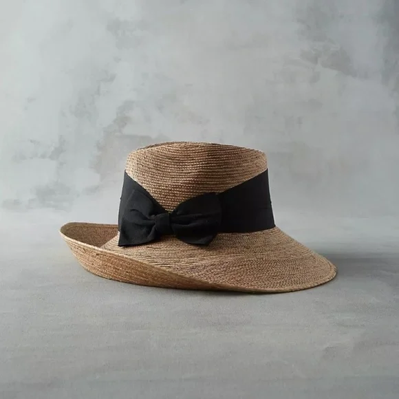 COPY - Anthropologie Tula Somerset woven Palm Straw Cloche Summer Hat w/Black R… - Picture 1 of 11